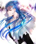  1boy blue_hair capelet cu_chulainn_(caster)_(fate) cu_chulainn_(fate)_(all) earrings elbow_gloves fate/grand_order fate_(series) floating_hair gloves hood hooded_capelet jewelry long_hair male_focus namahamu_(hmhm_81) profile red_eyes smile solo 