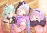  4girls ^_^ animal_ear_fluff animal_ears basket cat_ears cat_girl closed_eyes commentary_request ear_ribbon green_hair highres hololive minato_aqua multiple_girls murasaki_shion nekomata_okayu purple_hair silver_hair sleeping the-seco-d-tu uruha_rushia virtual_youtuber 