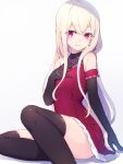  1girl bare_shoulders black_gloves black_legwear blonde_hair closed_mouth dress earrings eyebrows_visible_through_hair eyes_visible_through_hair flat_chest gloves highres jewelry long_hair nishino_eri original red_dress red_eyes sitting smile solo thigh-highs thighs white_background 