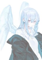  1girl angel angel_wings bangs black_hoodie blue_eyes blue_hair blue_wings breasts hair_behind_ear hair_between_eyes harutask hood hoodie long_hair medium_breasts original polo_shirt shirt solo upper_body white_background white_shirt wings 