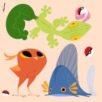  abstract fins gen_3_pokemon highres looking_at_another lorenzocolangeli mudkip poke_ball pokemon pokemon_(creature) signature simple_background standing tail tongue tongue_out torchic treecko wings 