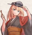  1girl alternate_costume bismarck_(kancolle) blonde_hair blue_eyes commentary_request grey_background grey_kimono hat holding holding_clothes holding_hat holding_pipe japanese_clothes kantai_collection kimono long_hair looking_at_viewer peaked_cap pipe solo upper_body wss_(nicoseiga19993411) 