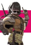  1girl australian_flag belt biker black_hair bulletproof_vest camouflage camouflage_pants character_name commentary_request cosplay eyebrows_visible_through_hair girls_frontline gloves gun hand_gesture headwear_removed helmet helmet_removed heterochromia highres index_finger_raised looking_at_viewer mozzie_(rainbow_six_siege) multicolored_hair pants photoshop_(medium) rainbow_six_siege red_eyes ro635_(girls_frontline) solo sunglasses tactical_clothes two-tone_hair weapon white_hair yellow_eyes yitiao_er-hua 