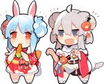  2girls :3 animal_ears aqua_hair blue_eyes bunny_tail carrot chibi commentary_request don-chan_(usada_pekora) double_bun drooling grey_hair hair_ornament highres hololive japanese_clothes lion_ears lion_girl lion_tail multicolored_hair multiple_girls orange_eyes pekeko_(pepekekeko) rabbit_ears rabbit_girl shishiro_botan tail two-tone_hair usada_pekora white_hair 