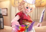  1girl :d akai_haato aqua_eyes bangs blonde_hair blurry blurry_background blush breasts censored censored_food commentary_request earrings eyebrows_visible_through_hair fang floral_print gloves hair_ornament heart heart_hair_ornament highres holding holding_knife hololive indoors japanese_clothes jewelry kimono knife long_hair looking_at_viewer magowasabi motion_blur motion_lines obi open_mouth pink_gloves red_kimono sash signature skin_fang sleeves_pushed_up smile solo table tied_hair twitter_username upper_body virtual_youtuber white_headwear 