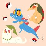  abstract chikorita claws cyndaquil gen_2_pokemon highres leaf looking_at_another lorenzocolangeli poke_ball pokemon pokemon_(creature) signature simple_background sitting totodile 