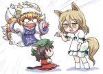  3girls :3 :d animal_ears bangs blonde_hair brown_eyes brown_hair cat_ears cat_tail chen dress emphasis_lines empty_eyes eyebrows_visible_through_hair fox_ears fox_tail full_body green_headwear hair_between_eyes hat kudamaki_tsukasa leaning_forward long_sleeves looking_at_another medium_hair mob_cap multiple_girls multiple_tails nekomata onesie open_mouth pillow_hat puffy_short_sleeves puffy_sleeves red_dress rokugou_daisuke short_hair short_sleeves simple_background sitting smile standing sweatdrop tabard tail touhou two_tails v-shaped_eyebrows white_background white_dress white_headwear wide_sleeves yakumo_ran 