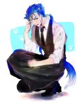  1boy animal_ears blue_hair blush butler cu_chulainn_(fate)_(all) cu_chulainn_(fate/stay_night) earrings fate/hollow_ataraxia fate_(series) jewelry kemonomimi_mode kneeling long_hair male_focus namahamu_(hmhm_81) necktie ponytail red_eyes solo tail vest waistcoat wolf_ears wolf_tail 