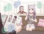  1boy 2girls :d animal_ears black_jacket blurry blurry_background blush bow brown_headwear collarbone commentary_request couch cup depth_of_field ear_covers gold_ship_(umamusume) grey_hair grey_shirt hair_bow hat highres holding holding_cup holding_saucer horse_ears horse_girl horse_tail indoors jacket long_hair magazine mejiro_mcqueen_(umamusume) mini_hat multiple_girls on_couch open_mouth parted_lips plaid_pillow purple_bow purple_hair red_shirt saucer shirt short_sleeves sitting skirt smile tail trainer_(umamusume) translation_request umamusume violet_eyes white_skirt yukie_(kusaka_shi) 