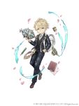  1boy absurdres aladdin_(sinoalice) bag black_vest blonde_hair blue_eyes child eraser eyebrows_visible_through_hair eyes_visible_through_hair full_body hand_in_pocket highres jewelry ji_no keychain kindergarten_bag loafers looking_at_viewer necktie notebook official_art oil_lamp pants pencil petals plaid plaid_jacket plaid_pants ring shoes sinoalice smile solo square_enix vest white_background younger 