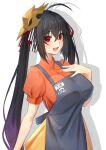  1girl :d ahoge alternate_costume apron azur_lane bangs bird_mask black_hair bow breasts commentary_request contemporary employee_uniform eyebrows_visible_through_hair eyes_visible_through_hair hair_between_eyes hair_bow hair_ribbon highres large_breasts long_hair looking_at_viewer mask mask_on_head name_tag open_mouth orange_shirt red_eyes ribbon shadow shirt short_sleeves sidelocks simple_background skirt smile solo taihou_(azur_lane) translation_request uniform white_background yellow_skirt yorugami_rei 