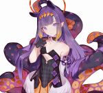  1girl eyebrows_visible_through_hair eyes_visible_through_hair halo highres holding hololive hololive_english ninomae_ina&#039;nis pointy_ears purple_hair simple_background softmode tentacle_hair tentacles violet_eyes virtual_youtuber white_background 