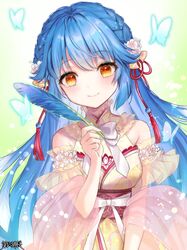  1girl bangs bare_shoulders blue_hair breasts brown_eyes bug butterfly character_request closed_mouth copyright_name dairoku_youhei detached_sleeves eyebrows_visible_through_hair feathers flower hair_flower hair_ornament hi-na1 holding holding_feather insect long_hair looking_at_viewer official_art smile solo 