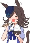  1girl :o agaki_anko animal_ears bangs blue_bow blue_flower blue_headwear blue_rose blue_shirt blush bow bowl brown_hair chopsticks eyebrows_visible_through_hair eyes_visible_through_hair flower food food_on_face hair_over_one_eye hat hat_flower highres holding holding_bowl holding_chopsticks horse_ears horse_girl horse_tail open_mouth puffy_short_sleeves puffy_sleeves rice rice_bowl rice_on_face rice_shower_(umamusume) rose school_uniform shirt short_sleeves simple_background solo tail tail_raised tilted_headwear tracen_school_uniform umamusume upper_body upper_teeth white_background 