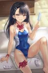  1girl :d bangs bare_shoulders black_hair blue_swimsuit blush bnari bow breasts brown_eyes collarbone commentary_request dark_skin dark-skinned_female fingernails food food_on_body food_on_clothes hair_ornament hairpin highres holding holding_food ijiranaide_nagatoro-san knee_up legwear_removed long_hair looking_at_viewer medium_breasts nagatoro_hayase nail_polish one-piece_swimsuit open_mouth pink_hair popsicle red_bow red_ribbon ribbon sitting smile socks solo swimsuit thigh_ribbon white_legwear 
