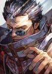  1boy auron black_hair coat dappled_sunlight facial_hair final_fantasy final_fantasy_x forehead hankuri hankuri lips one_eye_closed red_coat short_hair solo spiky_hair stubble sunglasses sunlight traditional_media upper_body 