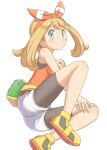  1girl bangs bare_arms bike_shorts blush bow_hairband breasts closed_mouth commentary eyelashes grey_eyes hairband long_hair may_(pokemon) orange_hairband pokemon pokemon_(game) pokemon_oras shirt shoes short_shorts shorts sleeveless sleeveless_shirt solo uhyoko white_background white_shorts yellow_footwear 