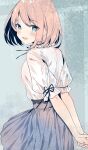  1girl arms_behind_back blue_eyes blue_skirt blush frilled_shirt frills highres looking_at_viewer open_mouth orange_hair original pleated_skirt shirt short_hair short_sleeves skirt smile solo standing white_shirt yu_yu 