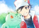  1boy artist_name badge bangs baseball_cap black_hair black_shirt bulbasaur clouds commentary_request day gen_1_pokemon hat headpat jacket male_focus one_eye_closed outdoors parted_lips pokemon pokemon_(creature) pokemon_(game) pokemon_rgby punico_(punico_poke) red_(pokemon) shirt sky smile starter_pokemon watermark yellow_eyes 