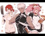  1boy 2girls animal_ears apron archer_(fate) boudica_(fate) dark_skin dark_skinned_male dual_wielding fang fate/grand_order fate_(series) food fox_ears frying_pan gloves grey_eyes hair_ribbon holding juliet_sleeves knife ladle long_hair long_sleeves maid multiple_girls namahamu_(hmhm_81) o-ring o-ring_bottom o-ring_top omurice one_eye_closed paw_gloves paws pink_hair puffy_sleeves redhead ribbon short_ponytail shrug_(clothing) skin_fang spatula tamamo_(fate)_(all) tamamo_cat_(fate) white_hair yellow_eyes 