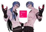  2boys adam_(nier_automata) adam_(nier_automata)_(cosplay) arm_tattoo belt blue_hair bodypaint bow claws cosplay cu_chulainn_(caster)_(fate) cu_chulainn_(fate)_(all) cu_chulainn_(fate/stay_night) dual_persona earrings eve_(nier_automata) eve_(nier_automata)_(cosplay) glasses gloves hair_down jewelry long_hair male_focus multiple_boys namahamu_(hmhm_81) nier_(series) nier_automata no_blindfold parody red_eyes sharp_teeth shirtless short_hair symmetry tattoo teeth 