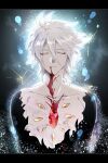  1boy blood blood_in_mouth bodysuit chest_jewel closed_eyes fate/grand_order fate_(series) hair_between_eyes karna_(fate) male_focus namahamu_(hmhm_81) pale_skin smile solo sparkle upper_body white_hair 