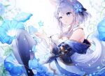  1girl :o animal_ear_fluff animal_ears bangs bare_shoulders blue_eyes blue_flower blue_jacket blue_legwear braid commentary_request dress eyebrows_visible_through_hair feet_out_of_frame flower hair_flower hair_ornament indie_virtual_youtuber jacket kotsuki_rimu long_sleeves noyu_(noyu23386566) off_shoulder purple_hair short_hair sitting sleeveless sleeveless_dress solo swept_bangs thigh-highs virtual_youtuber white_dress wide_sleeves 