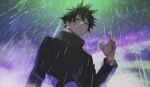  1boy black_eyes black_hair black_jacket buttons clouds cloudy_sky from_below fushiguro_megumi hand_up high_collar highres jacket jujutsu_kaisen looking_down male_focus rain shoco_(sco_labo) sky solo spiky_hair upper_body wet wet_hair 