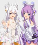 +_+ 2girls :d animal_ears azur_lane bangs blue_eyes blunt_bangs breasts choker collarbone commentary_request covered_navel detached_sleeves double_bun dress eyebrows_visible_through_hair fake_animal_ears frilled_dress frilled_skirt frills gloves hair_between_eyes hair_ornament hairband hands_together headgear highres idol le_malin_(azur_lane) le_malin_(muse)_(azur_lane) long_hair looking_at_viewer multiple_girls open_mouth paw_gloves paws plaid plaid_skirt purple_hair rabbit_ears sakutaishi see-through sidelocks simple_background skirt small_breasts smile symbol-shaped_pupils tashkent_(azur_lane) tashkent_(muse)_(azur_lane) waving white_background white_hair white_legwear wrist_cuffs 