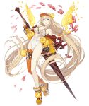  1girl :d absurdly_long_hair aqua_eyes blonde_hair flower full_body holding holding_lance holding_polearm holding_weapon ji_no lance long_hair looking_at_viewer official_art open_mouth petals polearm rapunzel_(sinoalice) single_thighhigh sinoalice smile solo swimsuit thigh-highs transparent_background upper_teeth very_long_hair visor_cap weapon 
