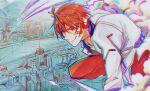  arsloid bandaid bandaid_on_face belt cityscape clouds from_above headphones jacket lapel male_focus misu_(stepforme) noise pants red_eyes red_pants redhead solo vocaloid white_jacket wind zipper 