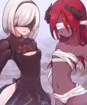  2girls bandages black_blindfold blind blindfold breasts collarbone commentary cowboy_shot crossover demon_girl hairband highres horns lilith_(the_binding_of_isaac) long_hair medium_breasts medium_hair multiple_girls navel nier_(series) nier_automata redhead silver_hair small_breasts the_binding_of_isaac trait_connection yellowparrot yorha_no._2_type_b 
