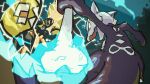  alolan_form alolan_marowak battle bone commentary_request electricity eye_contact fire fruit1830 gen_7_pokemon highres holding holding_bone legendary_pokemon looking_at_another open_mouth pokemon pokemon_(creature) tapu_koko 