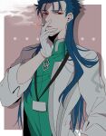  1boy blue_hair cigarette cosplay cu_chulainn_(caster)_(fate) cu_chulainn_(fate)_(all) earrings fate/grand_order fate_(series) gloves hair_down id_card jewelry labcoat lanyard long_hair male_focus namahamu_(hmhm_81) red_eyes romani_archaman romani_archaman_(cosplay) smoking solo white_gloves 