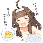  1girl ahoge alakoala brown_hair closed_eyes commentary_request double_bun facing_viewer hairband highres kantai_collection kongou_(kancolle) long_hair naked_towel open_mouth round_teeth rubber_duck simple_background smile solo speech_bubble teeth towel upper_teeth white_background white_hairband white_towel 
