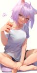  absurdres animal_ear_fluff animal_ears black_shorts blush breasts cat_ears collarbone crossed_legs drink eyebrows_visible_through_hair fang feet glass hair_between_eyes highres hololive large_breasts legs looking_at_viewer nanome_to nekomata_okayu open_mouth purple_hair shirt short_hair short_shorts short_sleeves shorts simple_background sitting thighs toes violet_eyes virtual_youtuber white_background white_shirt 