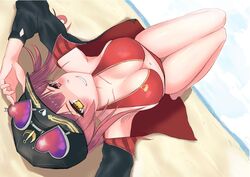  1girl alternate_costume armpits bangs beach bikini black_jacket blush breasts collarbone commentary_request dutch_angle eyewear_on_head full_body hat heterochromia hololive houshou_marine jacket jacket_over_swimsuit large_breasts long_hair long_sleeves looking_at_viewer lying navel of2jp3 on_back red_bikini red_eyes redhead shiny shiny_skin sidelocks smile solo swimsuit thighs virtual_youtuber yellow_eyes 