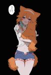  1girl aiming_at_viewer animal animal_ears black_background cat cat_ears cat_tail cowboy_shot gun holding holding_animal holding_cat hololive hololive_english looking_at_viewer mamaloni official_alternate_costume open_fly orange_hair revolver shorts simple_background solo stomach tail takanashi_kiara thigh_gap translation_request violet_eyes virtual_youtuber weapon 