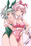  2girls absurdres animal_ears bare_legs bow bowtie breasts bunny_tail covered_navel detached_collar fake_animal_ears fake_tail flat_chest green_eyes green_hair green_leotard grey_hair hair_bow highres hug hug_from_behind kantai_collection leotard long_hair medium_breasts multiple_girls open_mouth pink_hair pink_leotard playboy_bunny ponytail rabbit_ears side-tie_leotard strapless strapless_leotard tail uut very_long_hair wing_collar wrist_cuffs yura_(kancolle) yuubari_(kancolle) 