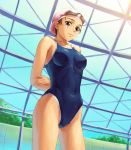  brown_hair from_below goggles one-piece_swimsuit school_swimsuit swim_cap swimcap swimsuit tani wet 