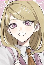  1girl ahoge akamatsu_kaede blonde_hair blush brown_necktie collared_shirt commentary_request danganronpa_(series) danganronpa_v3:_killing_harmony gasu_tamari_tamami grin hair_ornament long_hair musical_note musical_note_hair_ornament necktie pink_background pink_eyes pink_sweater_vest shirt smile solo sweater_vest teeth white_background white_shirt 