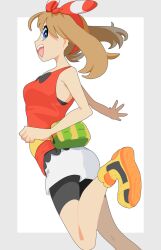  1girl absurdres bike_shorts bike_shorts_under_shorts bow_hairband commentary_request fanny_pack from_side hairband highres looking_to_the_side may_(pokemon) pokemon pokemon_omega_ruby_and_alpha_sapphire red_hairband red_shirt ribbon shirt shoes shorts shorts_under_shorts skirt_ruff solo striped_clothes striped_hairband striped_ribbon twintails white_shorts yellow_shoes yuihico 