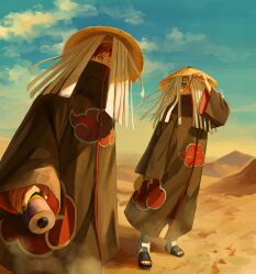  2boys adjusting_clothes adjusting_headwear akatsuki_uniform black_nails blue_sky clouds deidara_(naruto) desert hat highres holding male_focus multiple_boys naruto_(series) naruto_shippuuden open-toe_shoes outdoors sand sasori_(naruto) short_hair sky standing straw_hat tabiii123 