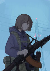  1girl ammunition_pouch attamaf866 aviation_obstruction_lighting bipod blue_hoodie blue_sky brown_eyes brown_hair cable commentary_request expressionless facing_viewer gun gun_sling highres holding holding_gun holding_weapon hood hood_down hoodie light_machine_gun load-bearing_vest machine_gun magazine_(weapon) original pouch radio radio_antenna red_light rpk-74 short_hair sky solo solo_focus transmission_tower weapon 