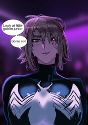 1girl brown_eyes brown_hair bully_maguire_(meme) english_text genderswap genderswap_(mtf) hair_between_eyes highres marvel meme peter_parker petra_parker_(otrebot) primusibi reference_sheet short_hair smug solo spider-man spider-man_(original_black_suit) spider-man_(series) symbiote