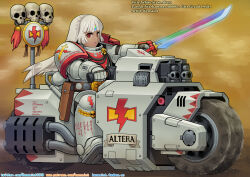  1girl adapted_weapon adeptus_astartes altera_(fate) alternate_costume armor artist_name bolter boots character_name commentary_request dark-skinned_female dark_skin fate/extella fate/extra fate_(series) holding holding_sword holding_weapon kensaint long_hair motor_vehicle motorcycle open_mouth pauldrons photon_ray_(fate) power_armor power_sword red_eyes riding shoulder_armor skull solo sword warhammer_40k weapon white_hair white_scars 