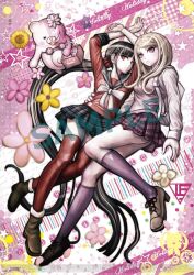  2girls absurdly_long_hair ahoge akamatsu_kaede arms_up artist_request basket black_hair black_sailor_collar black_skirt blonde_hair boots bow brown_boots brown_shoes check_artist closed_mouth collared_shirt danganronpa_(series) danganronpa_v3:_killing_harmony eyelashes flower grin hair_ornament hair_scrunchie hand_on_another's_hip harukawa_maki kneehighs komatsuzaki_rui long_hair long_sleeves monophanie multiple_girls musical_note musical_note_hair_ornament navel official_art pink_flower pink_sweater_vest plaid_bow plaid_clothes plaid_skirt purple_skirt purple_socks red_eyes red_scrunchie red_shirt red_thighhighs sailor_collar sample_watermark scrunchie shirt shoelaces shoes skirt smile socks star_(symbol) sunflower sweater_vest teeth thigh-highs third-party_source twintails very_long_hair violet_eyes watermark white-bow white_shirt yellow_flower 
