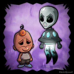  2boys 3: alien bald ball_hands black_border blank_eyes blue_shoes border brown_socks closed_mouth colored_skin commentary doughnut english_commentary floating food full_body glowing gnorts_(vinesauce) grey_alien grey_shorts grey_skin grey_tank_top height_difference highres male_focus multiple_boys nostrils pants plaid_clothes plaid_socks print_pants purple_background shoes shorts socks standing taint_(vinesauce) tank_top thick_eyebrows thick_lineart tomodachi_life tomodachi_life:_living_the_dream twitter_username ufo vinesauce wintergrimwell wrinkled_skin 