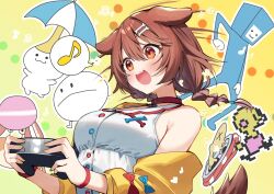  1girl animal_collar animal_ears blush bone_hair_ornament braid braided_twintails breasts brown_eyes brown_hair buttons collar commentary_request dog_ears double-parted_bangs dress empire_waist fangs hair_between_eyes hair_ornament hairclip handheld_game_console hololive inugami_korone inugami_korone_(1st_costume) jacket kurousagi_(black_rabbit563) large_breasts listener_(inugami_korone) long_hair looking_afar looking_ahead low_twin_braids low_twintails nail_polish open_clothes open_jacket open_mouth parallel_hairclips red_collar rhythm_tengoku rhythm_tengoku_miracle_stars shiratama_(rhythm_tengoku) single_bare_shoulder single_off_shoulder sleeveless sleeveless_dress solo_focus space_dancers twin_braids twintails umbrella_performer_(rhythm_tengoku) virtual_youtuber white_dress wristband yellow_background yellow_jacket yellow_nails 