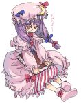  bad_id bespectacled book crescent glasses hair_ribbon hat koma_(artist) long_hair patchouli_knowledge purple_hair ribbon sitting socks solo touhou 